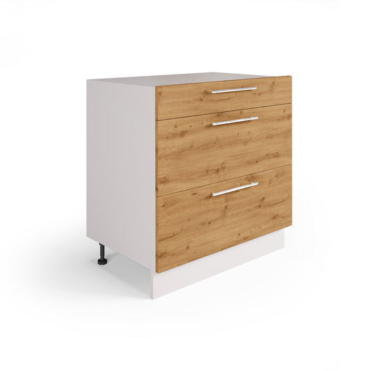 Meuble de Cuisine Bas, Casserolier 80 cm, 3 Tiroirs